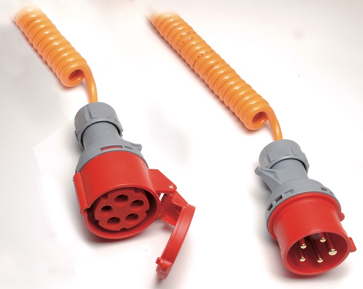 Spiralkabel CEE-Stecker 5-polig und CEE-Kupplung 5-polig, als Verlängerung H07 BQ-F 5x2,5